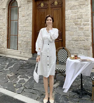 

EAD 2020 spring and summer new V-neck dress female Korean temperament slim white long-sleeved dress large size office lady