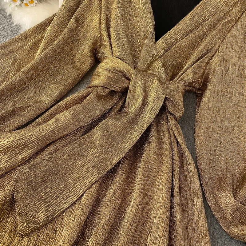 Foamlina осеннее модное сексуальное женское платье с v-образным вырезом и длинным рукавом-фонариком Золотое блестящее элегантное женское платье для рождественской вечеринки Vestidos