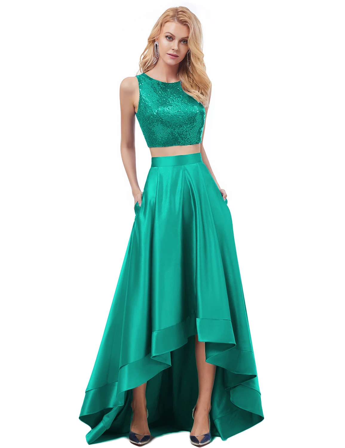 Vivian's Bridal 2019 Весенняя мода Sequin Crop Top вечернее платье, пикантное Backless Асимметричная высокая-Низкая атласная юбка платье для выпускного вечера