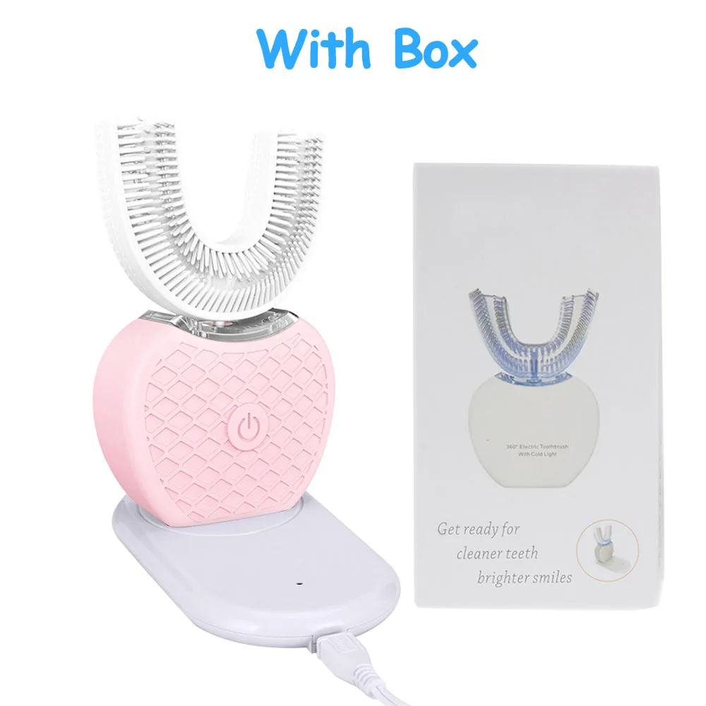Интеллектуальная автоматическая звуковая электрическая зубная щетка на 360 градусов, u-образная зубная щетка, usb зарядка, отбеливание зубов, синий светильник - Цвет: Pink With Box