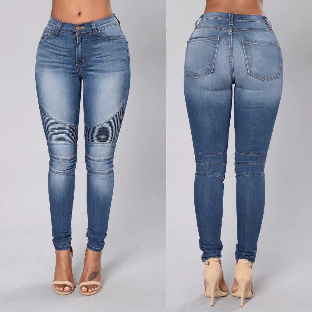 

Woman Pleated Skinny Jeans Slim Fit Strong Elastic Womens Jeans Pencil Pants Fashion All Matches Blue Denim Trousers Female 2019