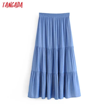 

Tangada women viscose midi skirt faldas mujer strethy waist ladies elegant A-line skirts 3P26