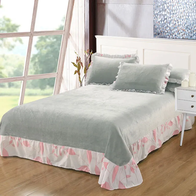 

Hot Sale Bedding All Cotton Flannel Lotus Leaf Side Bed Sheets Pillowcase Thicken Keep Warm Coral Velvet Pure Color Girl Style