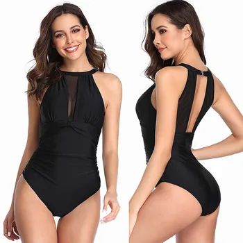 

2020 Sexy Women One Piece Swimsuit High Neck Plunge Mesh Ruched Monokini Swimwear Bodysuit Bathing Suits Beach Wear Plus Size