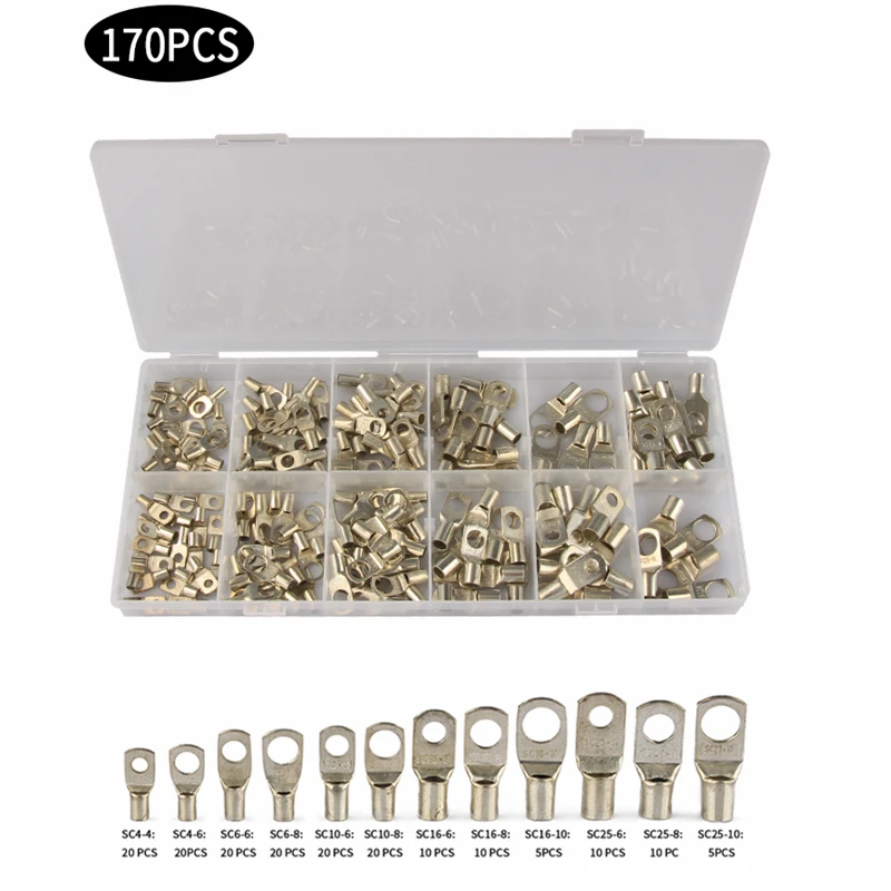 

170Pcs SC Bare Terminals Tinned Copper Lug Ring Seal Wire Connectors Bare Cable Crimped/Soldered Terminal