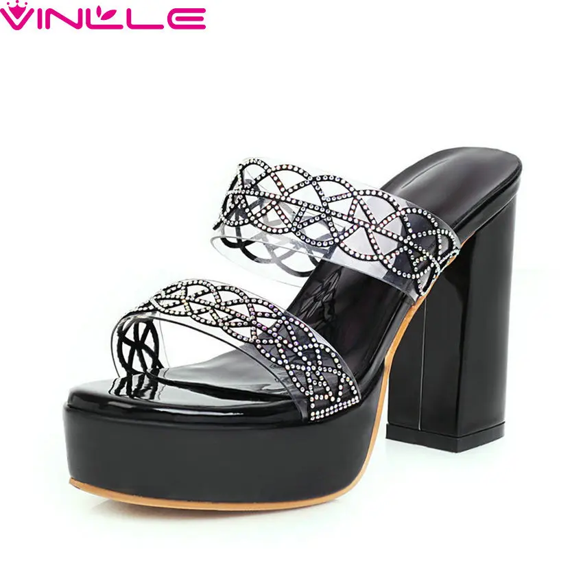 

VINLLE 2020 Transparent PU Leather Crystal Women Pumps Square High Heel Sandals Platform Summer Slingback Ladies Shoes Size34-43