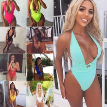 Сексуальный цельный купальник со шнуровкой цельный купальник женский однотонный комбинезон Монокини купальник с открытой спиной летняя пляжная одежда