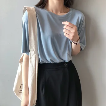 

2020 Summer New Short Sleeve T-shirt Female Korean Style Solid Color O Neck Tees Women Casual Tops