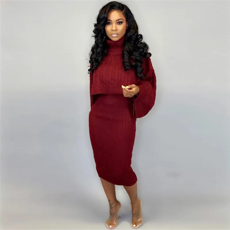 Adogirl Winter Sweater Two Piece Set Dress Turtleneck Long Sleeve Loose Crop Top Spaghetti Straps Bodycon Midi Skirt Suits - Цвет: burgundy set