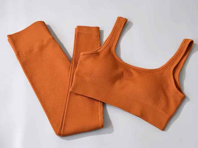 BURGUNDY 2 Piece Set Ribbed Seamless Outfits Yoga Leggings Fitness Wear Womens Sports Bra Gym Pants Workouts Scoop Notch CARAMEL Brown scoop