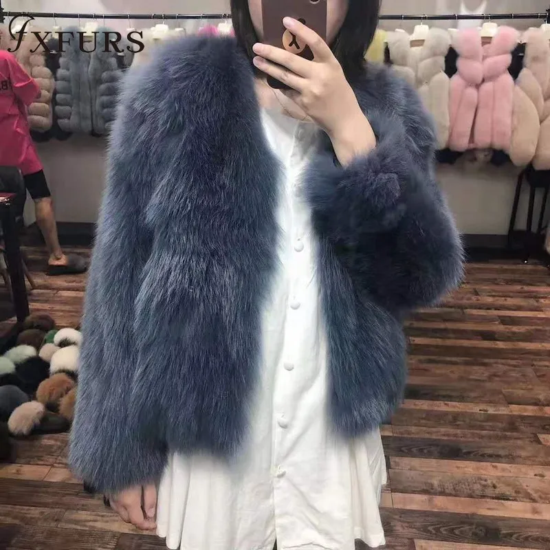 FXFURS новые женские куртки из натурального Лисьего меха, зимняя модная теплая верхняя одежда, роскошные меховые пальто, короткая женская меховая одежда с v-образным вырезом, Повседневная