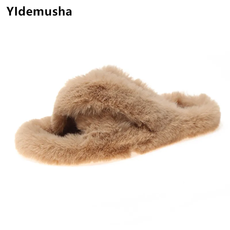 YIdemusha Winter Women Home Slippers with Faux Fur New Fashion Warm Shoes Woman Slip on Flats Female Slides Black Casual | Обувь