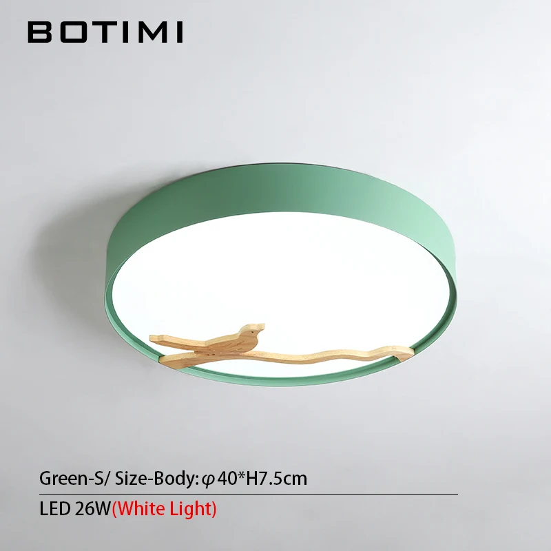 BOTIMI, скандинавские деревянные декоративные светодиодные потолочные светильники для гостиной, 220 В, круглый металлический потолочный светильник, монтируемый на поверхность, осветительный прибор - Цвет корпуса: Green-S-White Light