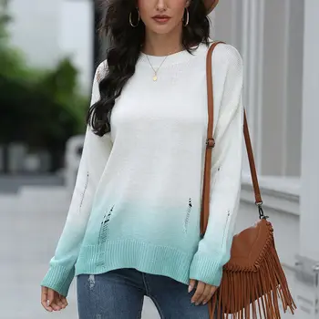 

Muyogrt Women's Sweater Coat Long-sleeve Tops With Holes Gradient Hollow Sweater Female Autumn And Winter Sexy Loose Pullovers