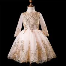 Шикарное Золотое кружевное платье с цветочным узором для девочек для свадебной вечеринки, платье для дня рождения с длинными рукавами и блестками для маленьких девочек Размер От 2 до 14 лет
