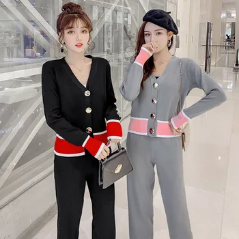 

2020 New 2 Pcs Women Casual Pants Sets Tracksuit Knitted Sweater Two Pants Sets Sport Casual Suit Femme knitwear
