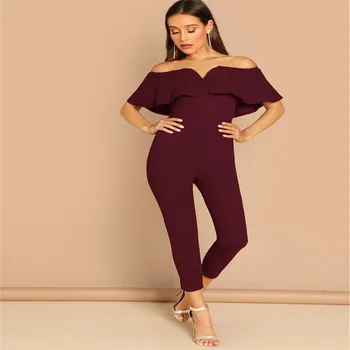 

New Autumn Women Jumpsuits Sexy Ruffles V Neck Jumpsuits Womens Wide Frills Rompers OL Work Suit Black White Green Wine Red