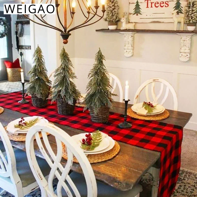 

183x36cm Red and Black Buffalo Plaid Burlap Table Runner Xmas Party Table Runners for Christmas Table Decoration Birthday Decor