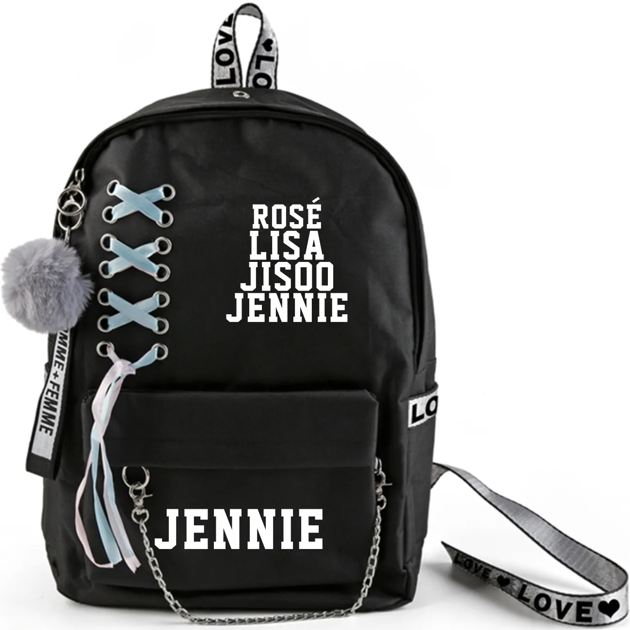 JENNIE-2 Kpop Черный розовый рюкзак большой емкости школьная сумка с перекрещенной лентой плюшевый шар кулон Travel JENNIE JISOO Лиза Роза дорожная сумка - Цвет: JENNIE-2