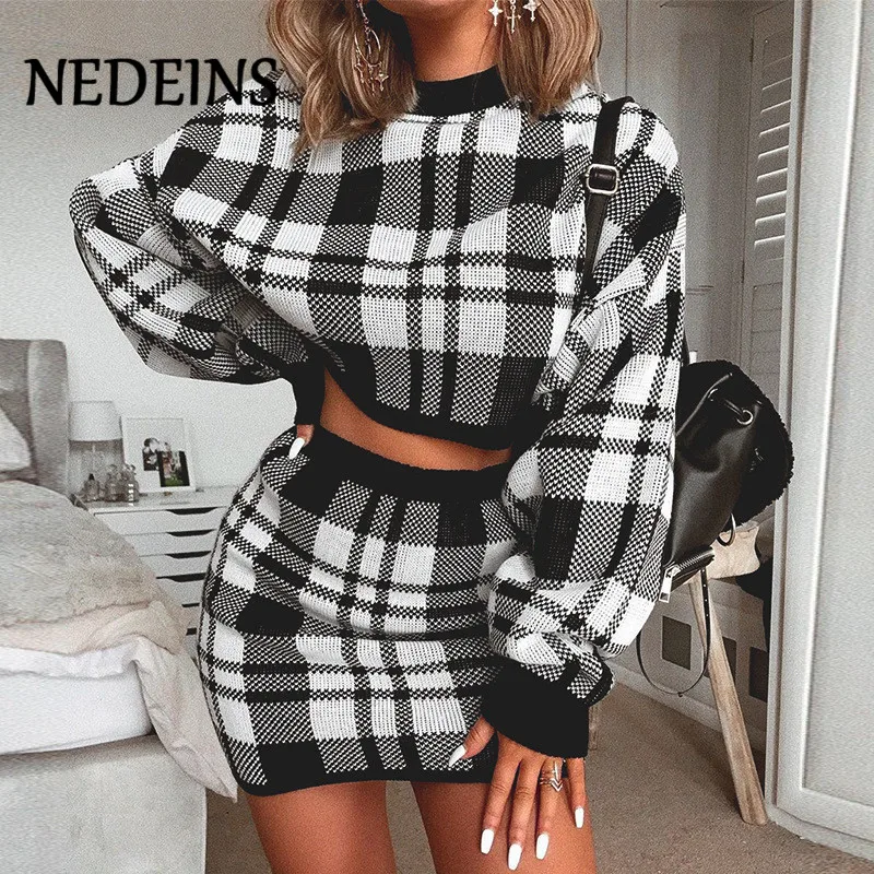 NEDEINS Women Spring Mini Plaid Sweater Dress Two Piece Suit Fashion Party Club For Clothes 2020 | Женская одежда