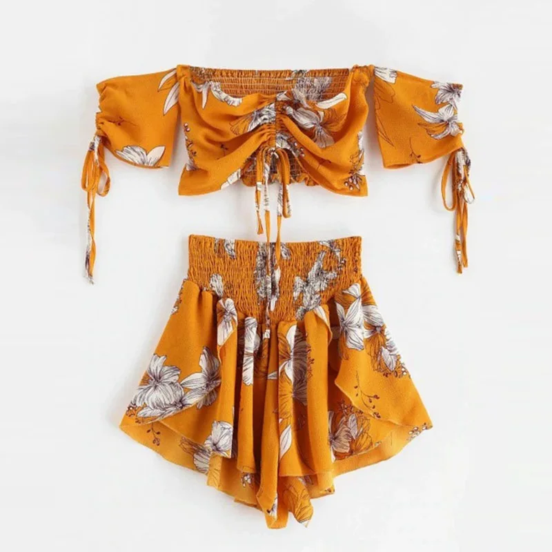 Off Shoulder Cinched Floral Women Set Slash Neck Short Sleeves Crop Top High Waist Shorts Set Beach Boho Suits Summer