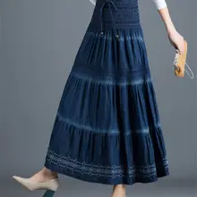 Юбка макси с эластичной резинкой на талии, женская джинсовая синяя хлопковая льняная юбка, Весенняя летняя пляжная юбка в этническом стиле, повседневная юбка миди Saia Jupe f2659