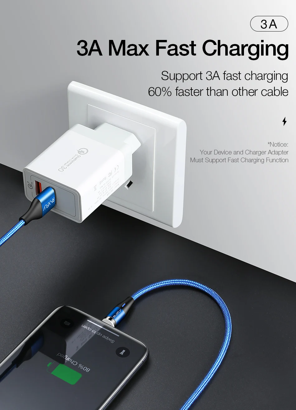 Магнитный зарядный кабель RAXFLY 3A для iPhone Xiaomi mi A2, быстрая зарядка, mi cro, usb type-C, кабель для освещения, магнитный кабель, 1 м, кабель