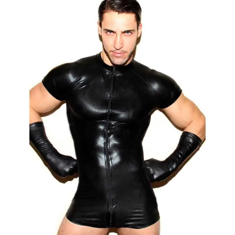 Male PU Leather Bodysuit 2019 Black Open Crotch Zipper Jumpsuit Mens Fetish Lingerie Latex Catsuit Clubwear Plus Size S-3XL