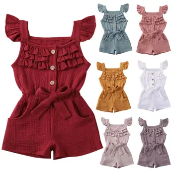 

0-5Y Toddler Kids Baby Girls Rompers Solid Ruffles Short Sleeve Bowknot Jumpsuit Outfits Clothes