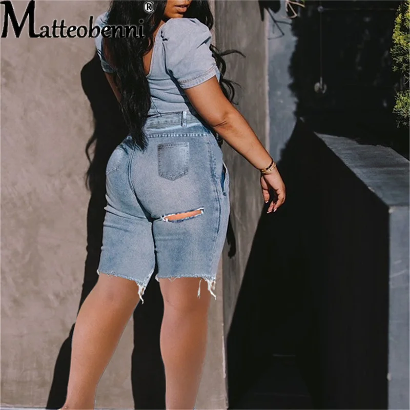 2021 Sexy Women Ripped Denim Shorts High Waist Stretch Bodycon Jeans Slim Shorts Knee Length Stretch Fashion Ladies Short Jeans