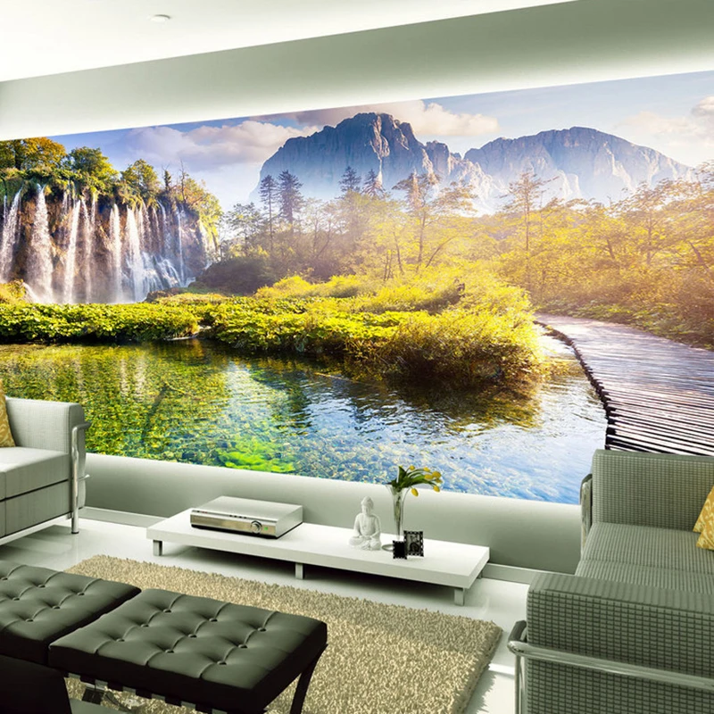 Fresh-And-Beautiful-Waterfall-Forest-Wood-Bridge-Backdrop-Wall-3D-Stereo-Mural-Wallpaper-Living-Room-Classic