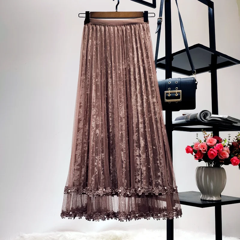 Зимняя бархатная юбка макси с цветочным кружевом и сеткой, Женская плиссированная юбка с высокой талией и оборками, Макси Длинная фатиновая юбка для женщин, юбка миди - Цвет: Brown coffee color