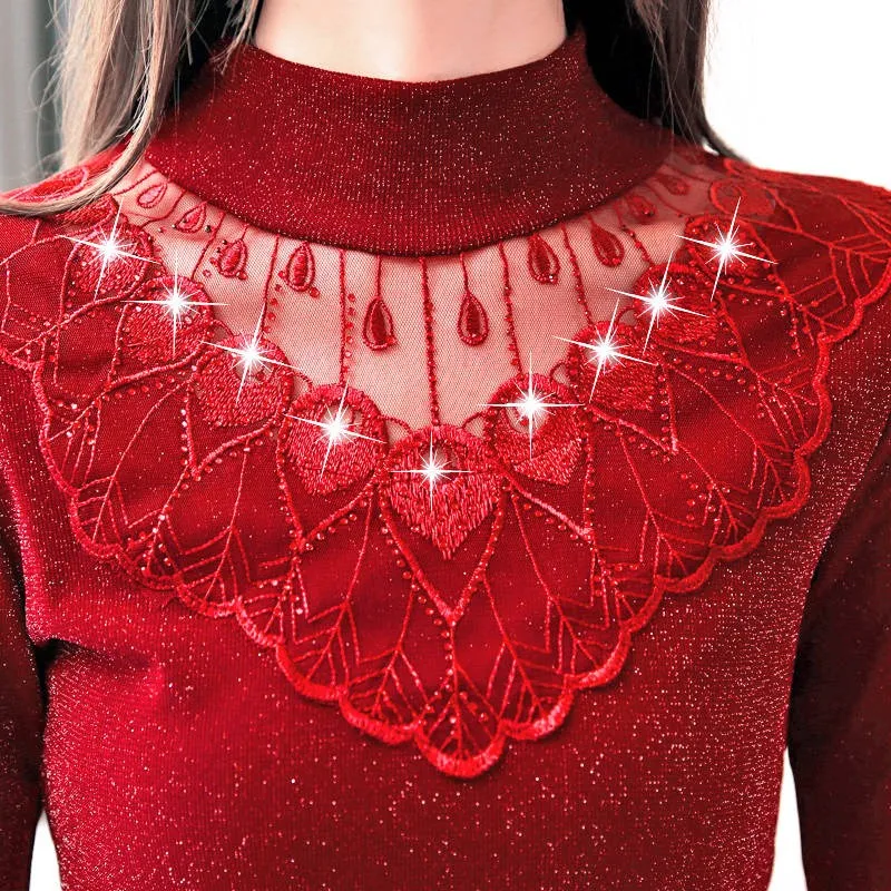 

Hollow Out Diamonds Women Spring Autumn Bright Lace Blouses Shirts Casual Long Sleeve Patchwork Spliced Turtleneck Blusas Tops