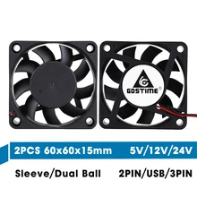 2PCS Gdstime 5V 12V 24V 60x60x15mm 60mm 6cm 6015 USB 2Pin 3Pin Dual Ball Axial Fan Brushless Computer PC CPU Cooling Cooler Fan