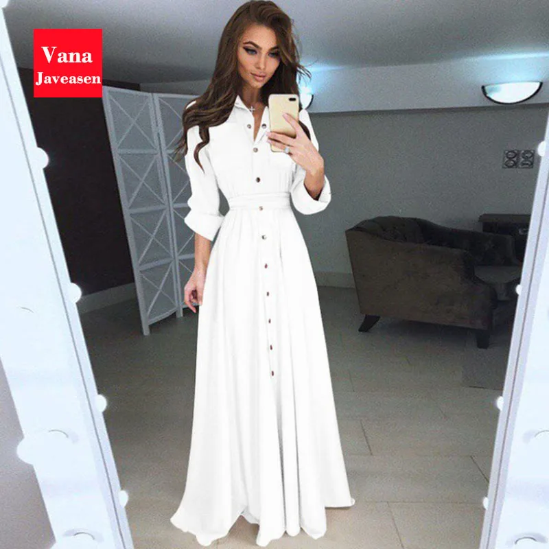 Vana Javeasen сексуальное макси Vestidos Nuevo Slim Fit женское платье с длинным рукавом на пуговицах 5 цветов 8 ярдов вечерние длинные женские платья - Цвет: Белый