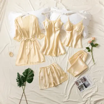 

Pajamas women's summer ice silk Sexy Hot Adult Spring and Autumn long sleeve thin women's nightgown five-piece suit