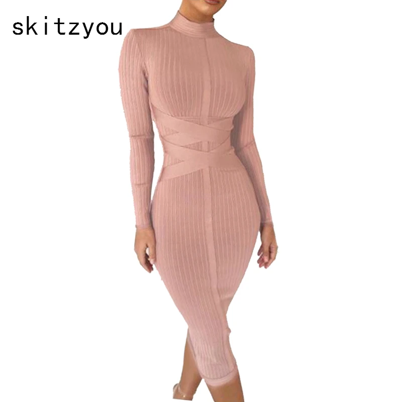 

skitzyou Women Long Sleeve Sexy Bodycon Slim Dress Turtleneck Sheath White Pink Cotton Back Zipper Party Spring Dresses vestidos