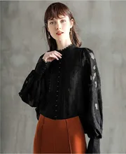 

Spring Autumn Vintage Women's High Quality Latern Sleeve Lace Shirts Hot Chic Black Blouses Top C826