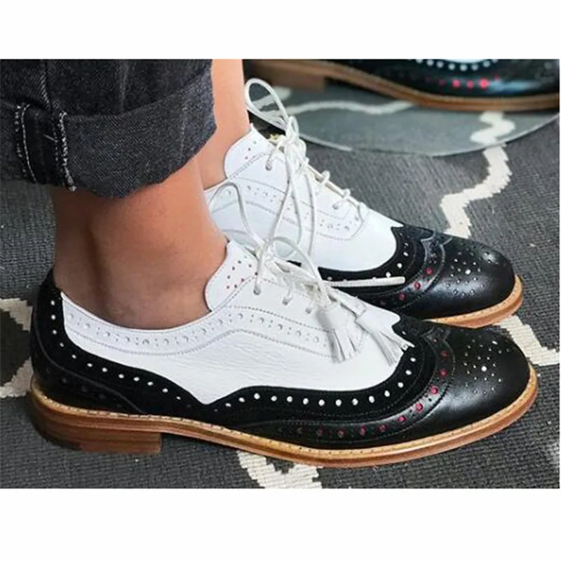 British Women Pu Leather Mixed Colors Perforated Lace Up Oxfords Brogues Wingtips Saddle Shoes For Work Ladies New Flats