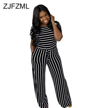 

Black White Striped Spliced Rompers Womens Jumpsuit 2020 Summer Clothes Short Sleeve Drawstring Wide Leg Bodysuit Beach Outfits