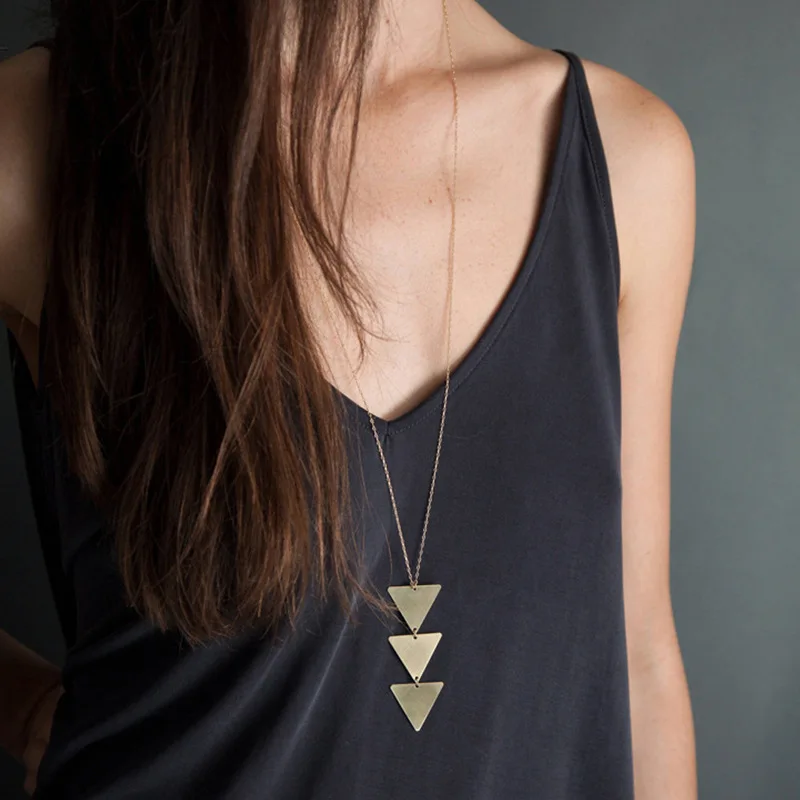 Простая треугольная Подвеска для ожерелья Серебряная цепочка металлический длинный чокер массивное ожерелье для женщин женские вечерние аксессуары - Окраска металла: T2144GD70