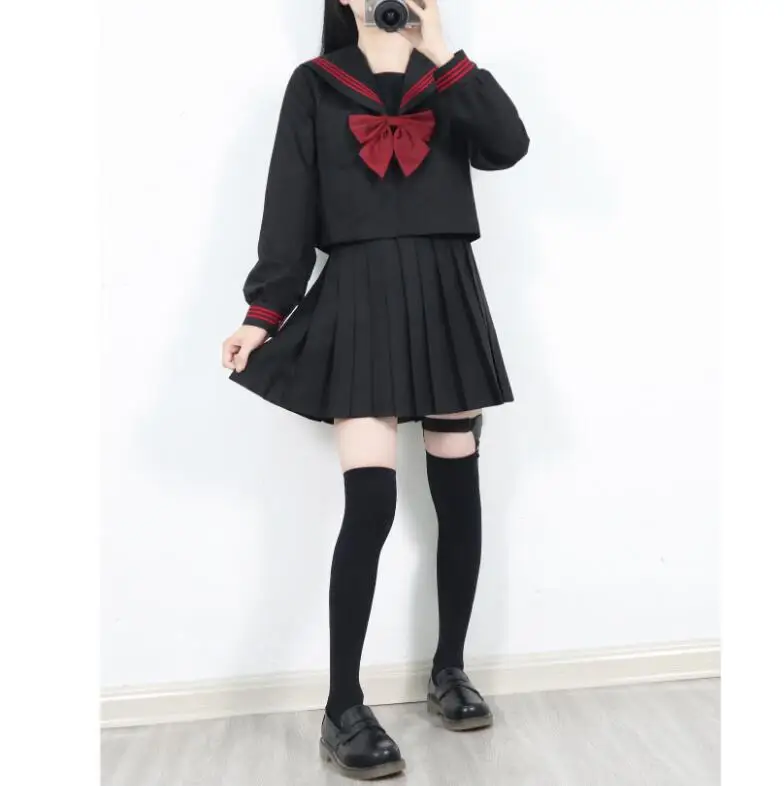 WITH 43cm skirt Осенняя японская школьная форма для девочек, милые длинные матросские топы, плиссированная юбка, полный комплект, костюм для девочек - Цвет: WITH 43cm skirt