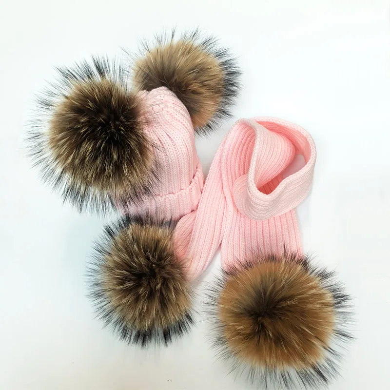 Real Raccoon Fur Pompon Winter Hat and Scarf Set Children Skullies Girl Pom Beanie Warm Knitted Bobble Pompom | Аксессуары для