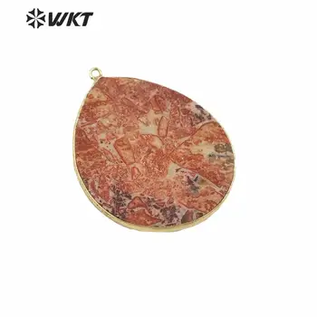 

WT-P1551 New unique water drop stone pendant fashion gold trim thin ocean stone pendant gold drop slice birthday gift pendant