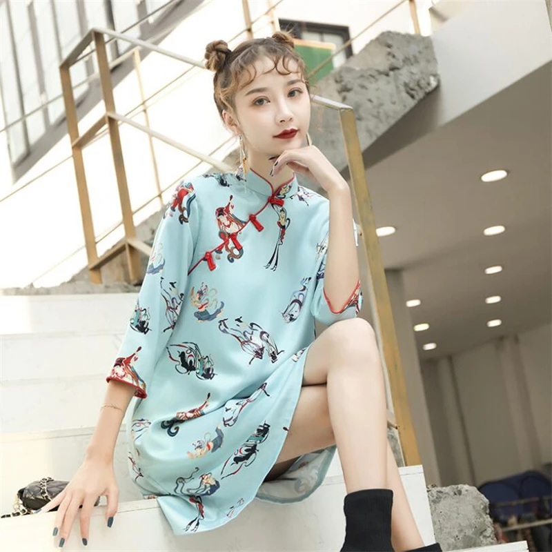 Ретро Печатных китайские стильные шаровары cheongsam женские улучшить qipao платье Винтаж Дамы qi pao вечерние халаты