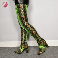 Womens Snakeskin PU Leather Over Knee Knight Boots Block Heel Plus Size Shoes
