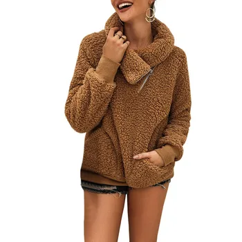 

Women Casual High Neck Fleece Pullovers Coats Women Warm Winter Long Sleeve Sweatshirt Fashion Solid Color Zipper Coats Tops