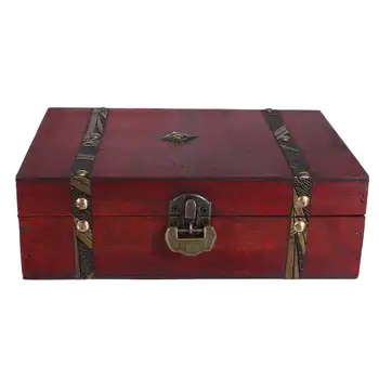 

Vintage Treasure Chest Wooden Storage Box with Mini Metal Lock Jewelry Ring Organizer Case Antique Style Foldable Wood Box