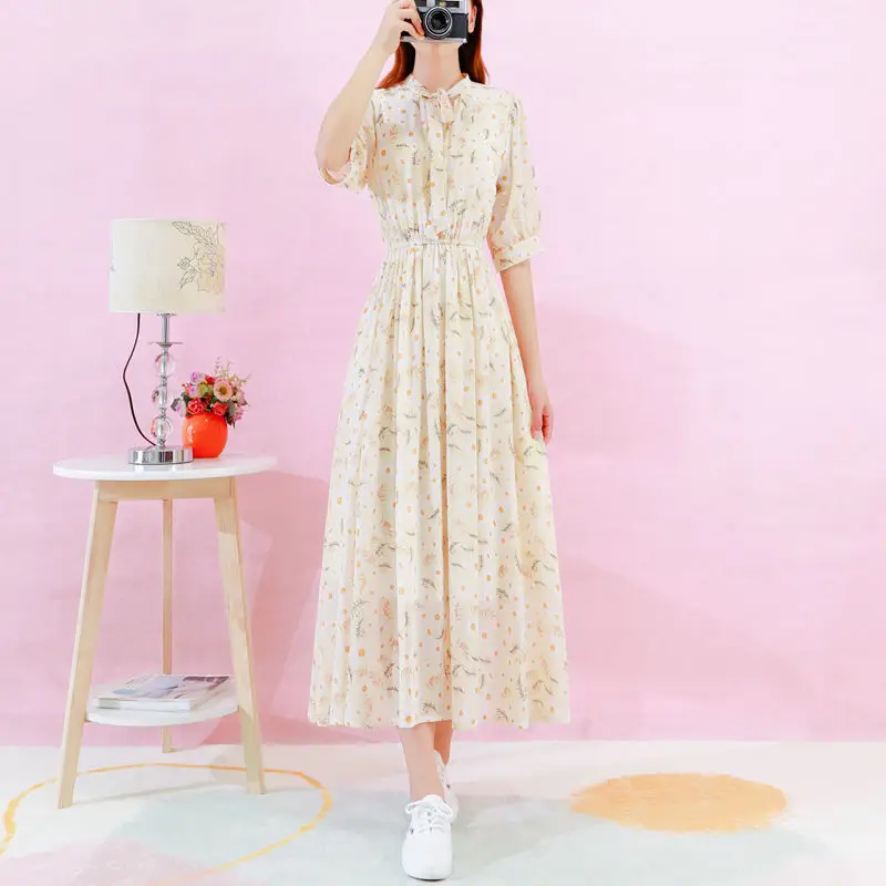 

Summer Chiffon A-line Dress Womens Retro Little Daisy Floral Dress With Lining Fashion Slim Chiffon Dress Bowknot Bohemian Dress