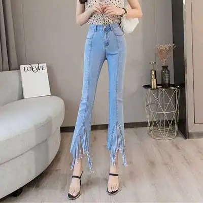 blue Джинсы с высокой талией, женские узкие джинсы с кисточками, тонкие узкие джинсы с кисточками, летние брюки с микро-колокольчиками, женские синие джинсы - Цвет: blue